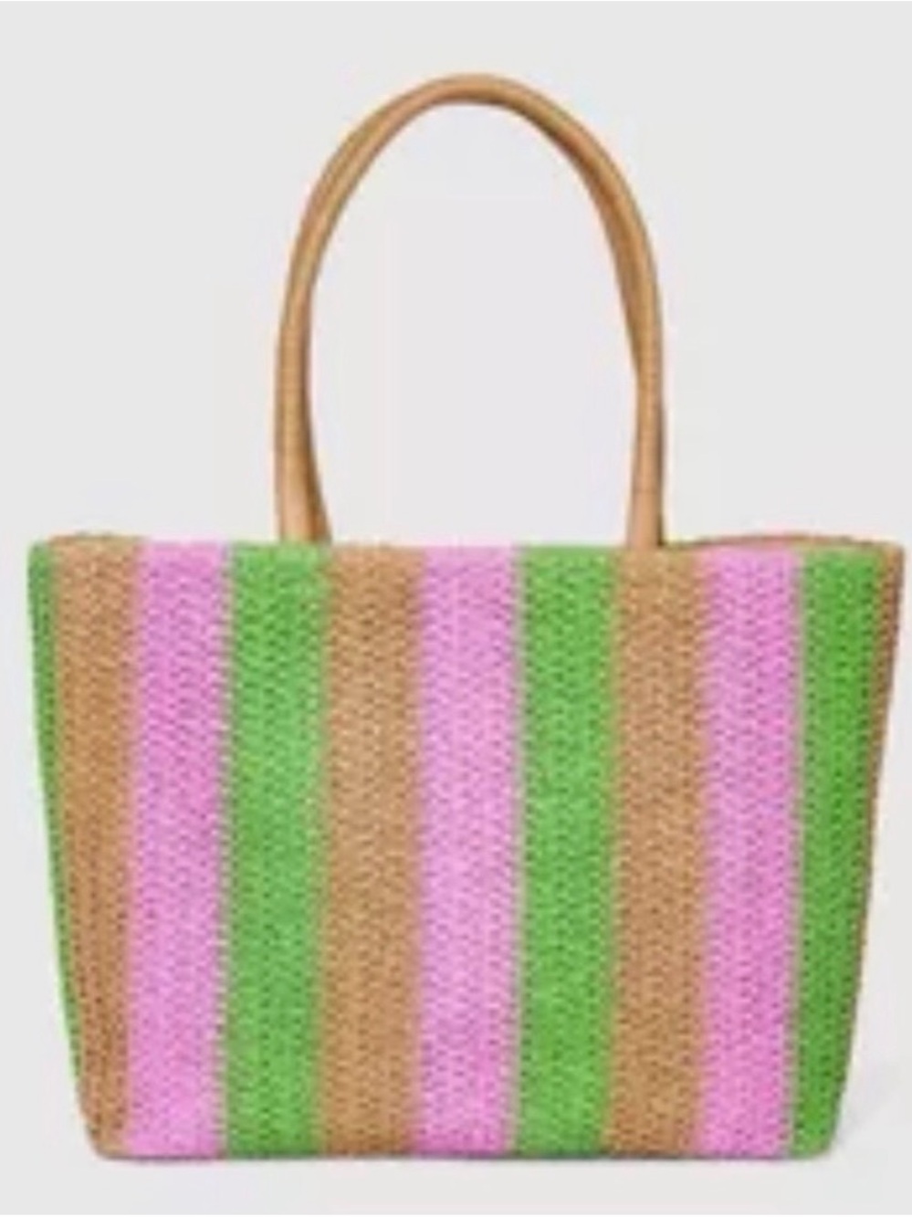 Oversized Woven Striped Tote/Beach Bag in Pink, Green & Tan - Picture 2 of 5